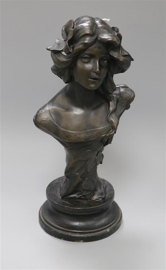 Georg Felix Pfeifer (German 1871-1945), an Art Nouveau black-painted plaster bust of a young lady, H 38cm (overall)